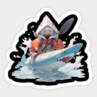 Anime Gurl in a Shark Shaped Kayak Sticker